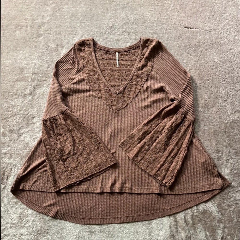 Free People Bell Sleeve Boho‎ Tunic Top Cinnamon Stretchy Soft Size Xsmall